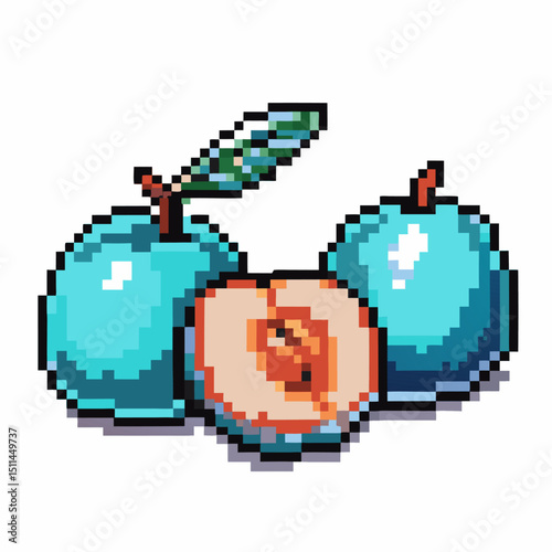 Pixel art blue peaches with leaf retro fruit design in digital