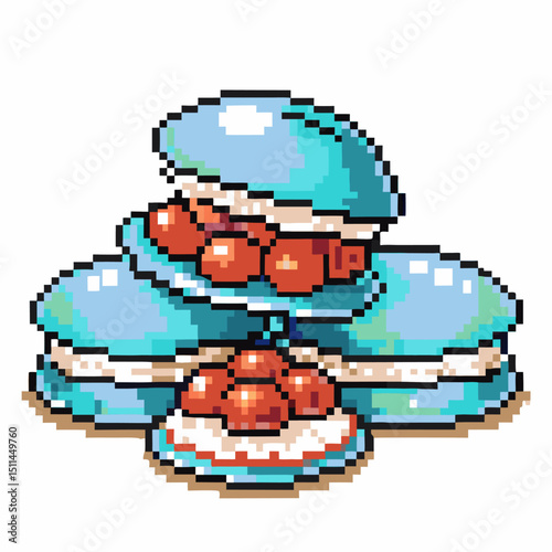 pixel art dessert with blue shells and strawberries, layered confectionery design