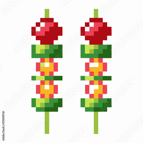 Pixelated vegetable skewers with tomatoes and peppers retro digital art, pixel food concept