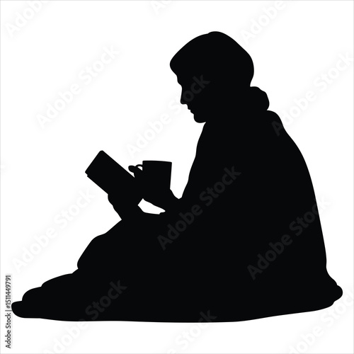 Black silhouette vector of a person sitting or curled up in a cozy position, possibly wrapped in a blanket, holding a warm mug or book