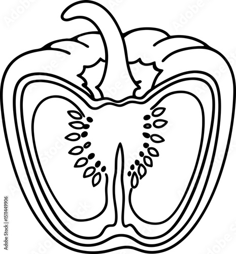 black and white bell pepper illustration with seeds and stalk, line art design