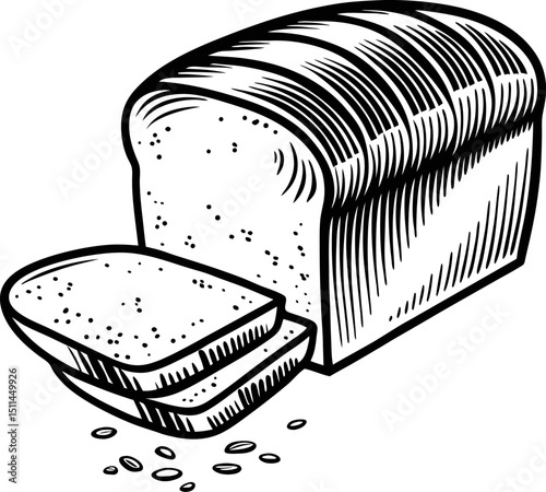 sliced loaf of artisan bread illustration in black and white fresh bakery item depicting hand drawn rustic