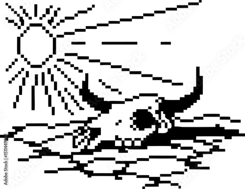 pixel art desert scene with sun and buffalo skull, dry landscape and harsh sunlight