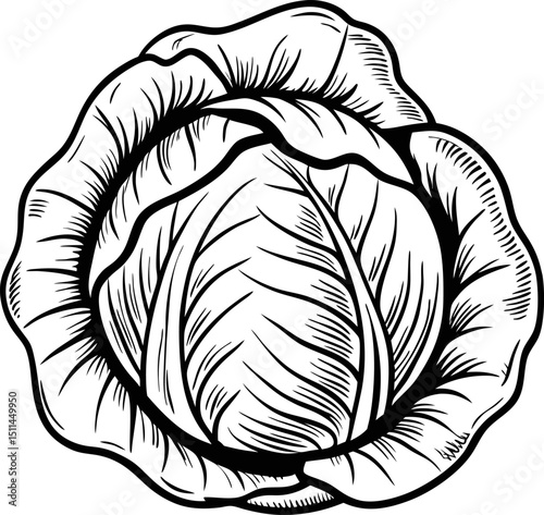Detailed monochrome illustration of cabbage vintage botanical drawing with intricate leaf patterns