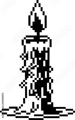 pixel art candle with flame retro black and white digital illustration, vintage computer graphics