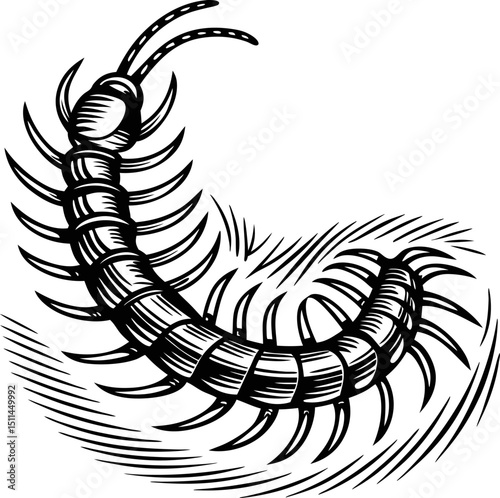 detailed black and white centipede illustration, segmented body, many legs insect art, nature sketch