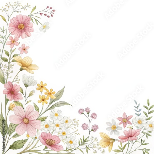 Watercolor Floral Corner Composition Pastel Flowers and White Background, Botanical Illustration, Floral Design Floral design, Watercolor painting