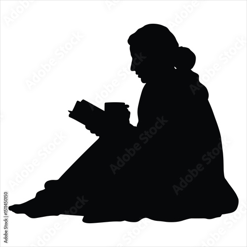 Black silhouette vector of a person sitting or curled up in a cozy position, possibly wrapped in a blanket, holding a warm mug or book