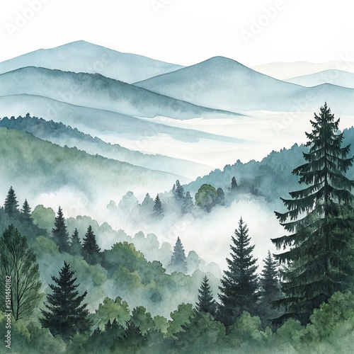 Watercolor Misty Mountain L...
