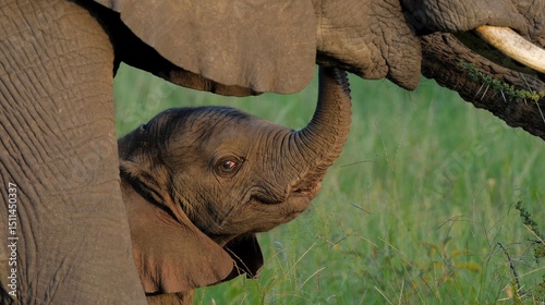 Cute small baby elephant closeup portrait eating grass hiding under mother. Family of elephants grazing on grasslands of South Africa. Wild nature. mammal animals concept. African Safari in Savanna