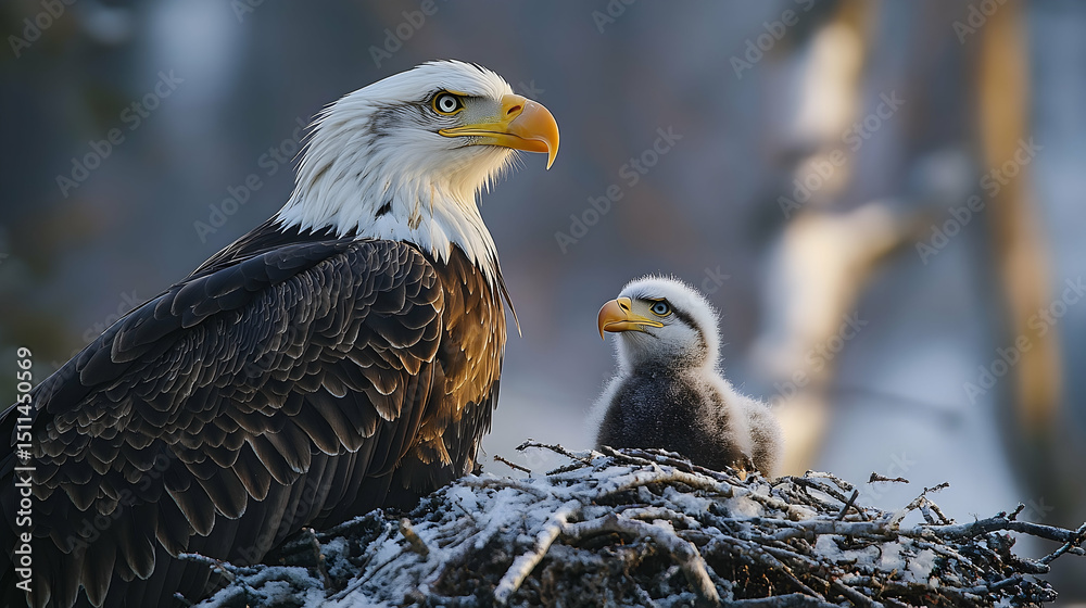 Obraz premium Bald eagle and chick in a nest.