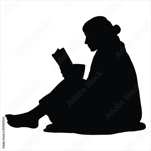 Black silhouette vector of a person sitting or curled up in a cozy position, possibly wrapped in a blanket, holding a warm mug or book