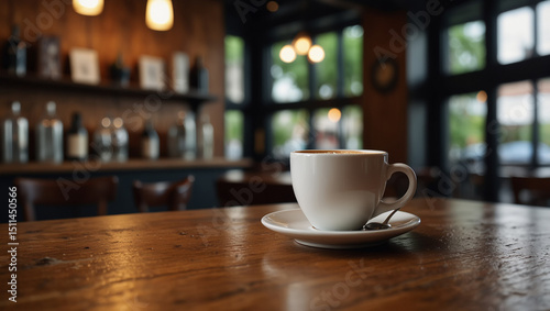 Coffee cups placed on a wooden table, the background is a coffee shop atmosphere.