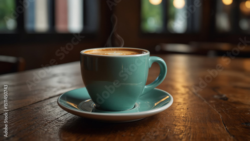 Coffee cups placed on a wooden table, the background is a coffee shop atmosphere.