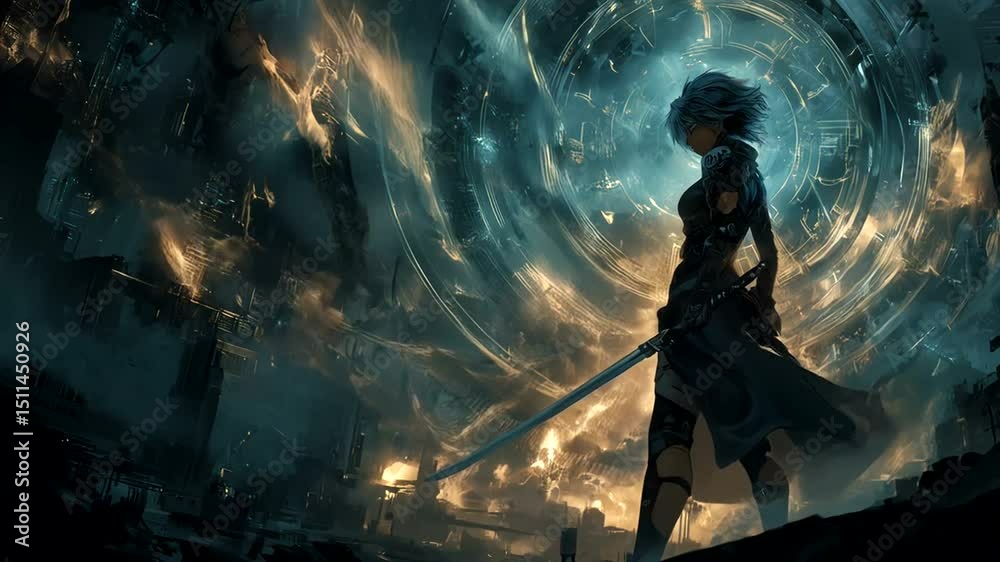 Woman with sword in a futuristic cityscape