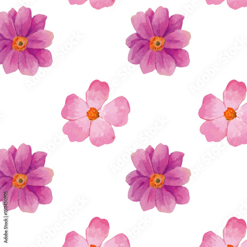 Purple Spring rock Rose and Japanese  Anemone floral seamless pattern. Purple pink pastel repeating flowers wallpaper. Cute garden flowers over white background for nursery and feminine decoration.