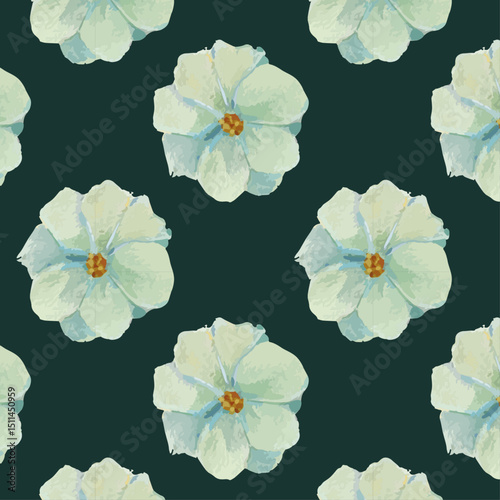 Pale blue apricot flowers watercolor pattern over a dark green background. Vintage floral pattern for wrapping paper and decoration. Gardening flowers inspired. Elegant blue buds and petals painting.