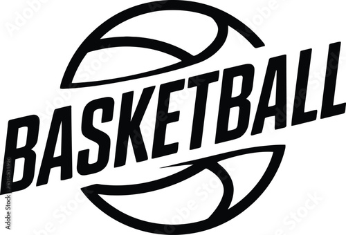 A graphic design featuring the word basketball stylized with a basketball outline in black and white