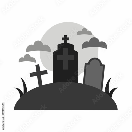 Spooky Graveyard Scene with Tombstones Moon and Clouds in Grayscale