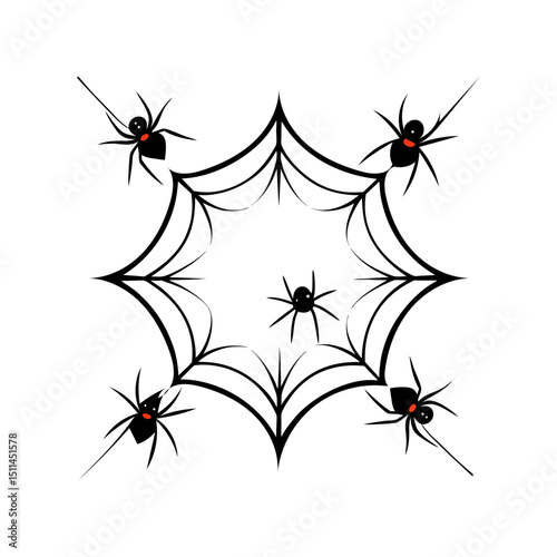 Cartoon Spiders with Red Spots on a Black Web for Halloween