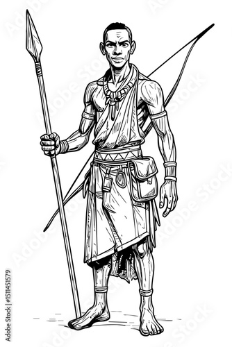 Black and White Illustration of Tribal Warrior with Spear and Bow – Hand-Drawn Line Art for Historical, Fantasy, and Indigenous Character Design

