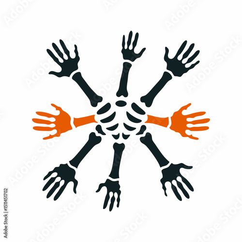 Skeleton Hands and Ribcage Forming a Circular Design with Color Accent