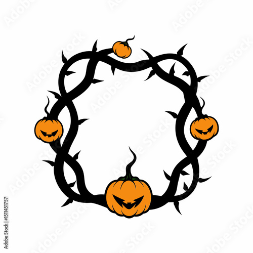 Halloween Wreath with Spooky Pumpkins and Thorny Branches on White Background