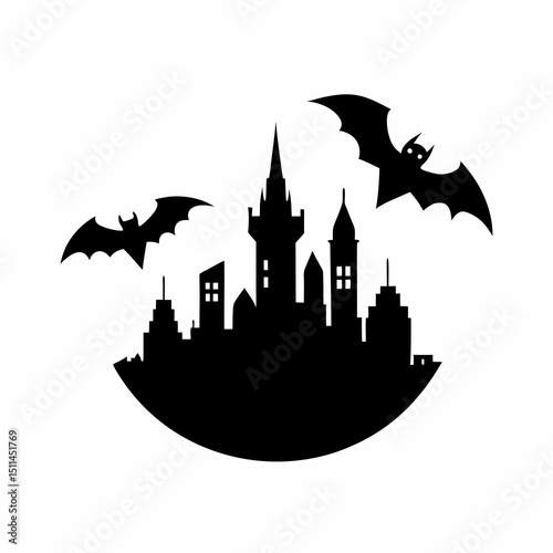Spooky Halloween Cityscape Silhouette with Bats Flying Over Buildings