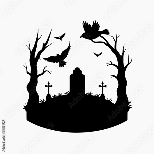 Spooky Halloween Cemetery Silhouette with Trees Gravestones Bats and Birds Flying