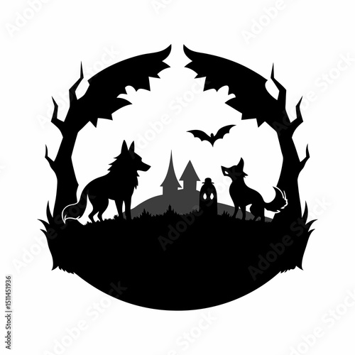 Halloween Night Silhouette with Wolves Castle Bat and Spooky Trees