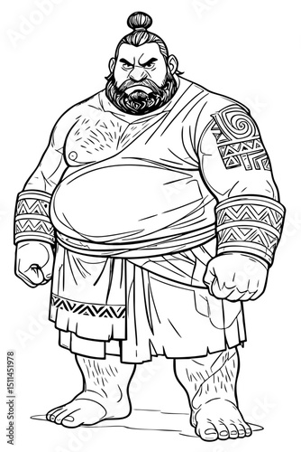 Black and White Illustration of Tribal Strongman Warrior – Hand-Drawn Muscular Character with Tattoos and Traditional Garb for Fantasy, Comics, and Game Design