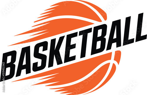 A basketball logo with the word basketball in black text and orange streaks on a white background