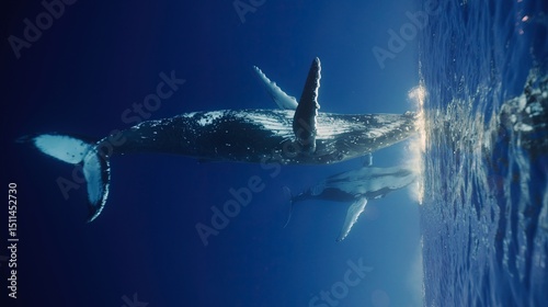 Fantastic closeup humpback whale gently dancing in blue water close to surface, light shimmering. Underwater shot full body whale. Concept of natural habitat wildlife marine animals of Tonga