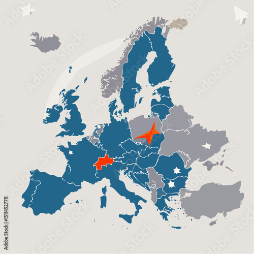 Flat vector illustration of the continent of Europe with a minimalist design style and subtle cultural accents, ideal for education and travel.