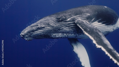 Fantastic closeup humpback whale gently dancing in blue water close to surface, light shimmering. Underwater shot full body whale. Concept of natural habitat wildlife marine animals of Tonga