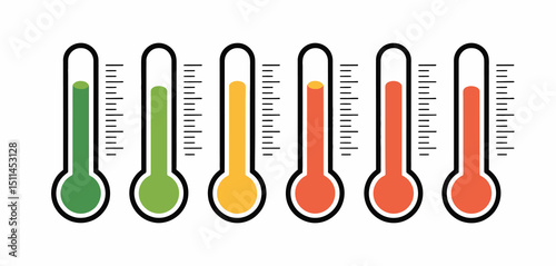Six Color Coded Thermometers Showing Different Levels