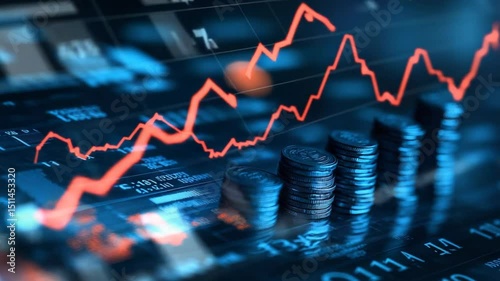 Uptrend stock charts and stacks of golden coins for market economic analysis