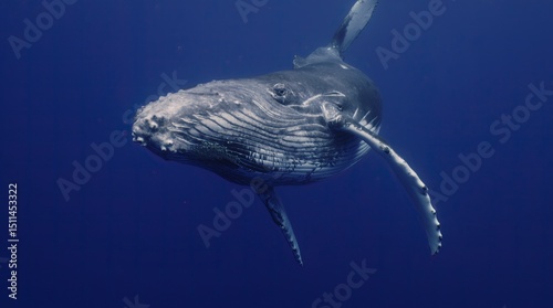 Fantastic closeup humpback whale gently dancing in blue water close to surface, light shimmering. Underwater shot full body whale. Concept of natural habitat wildlife marine animals of Tonga