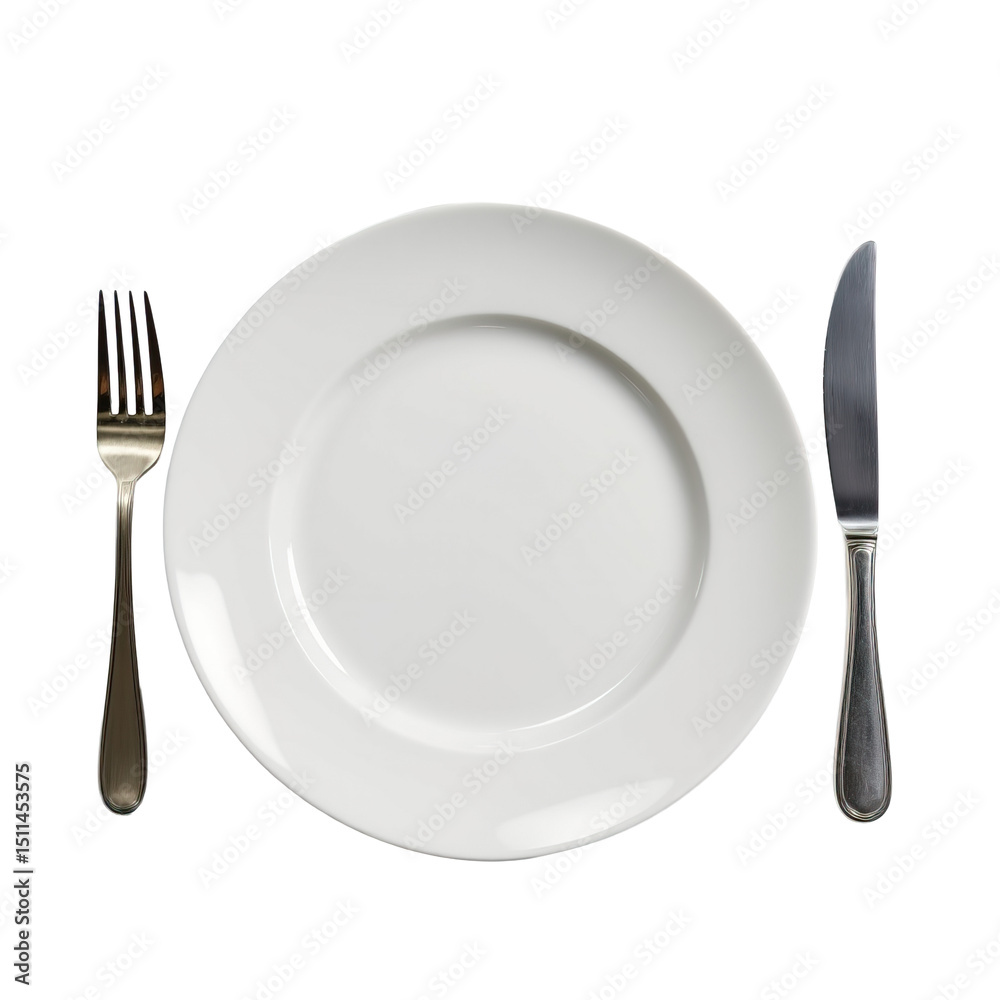 Elegant White Plate with Fork and Knife, Ready for Gourmet Meal or Dining Experience Elegant White Plate with Fork and Knife, Ready for Gourmet Meal or Dining Experience