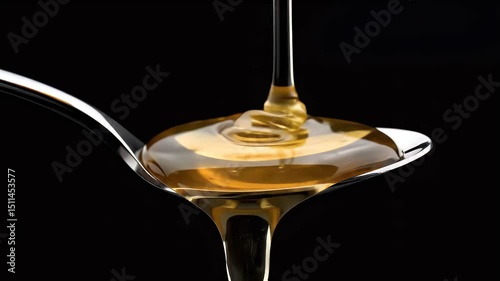 Liquid golden honey is poured onto a steel spoon on a black isolated background, slow motion