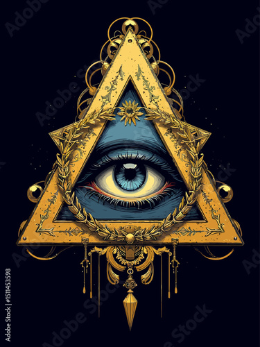 All seeing eye in delta triangle Pyramid and freemasonry icon, new world order emblem