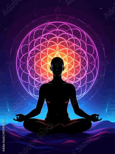 Human silhouette meditating or doing yoga Flower of life