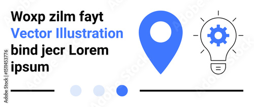 Location pin, gear lightbulb, horizontal lines, and placeholder text in clean blue and black design. Ideal for technology, navigation, creativity, innovation, business brainstorming simple landing