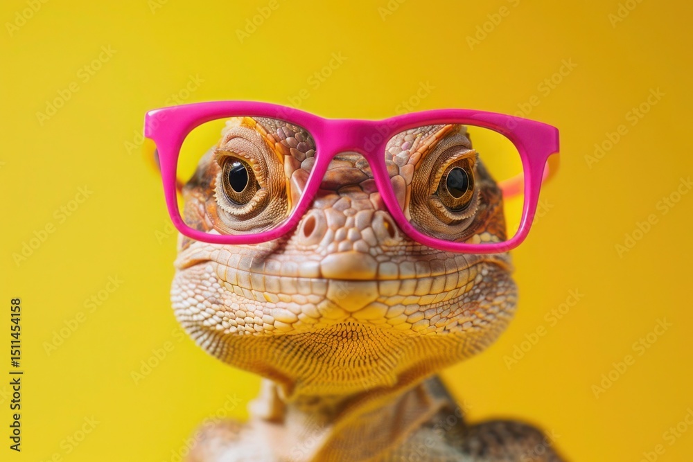 Fototapeta premium Funny lizard in pink sunglasses on yellow background with a comic expression