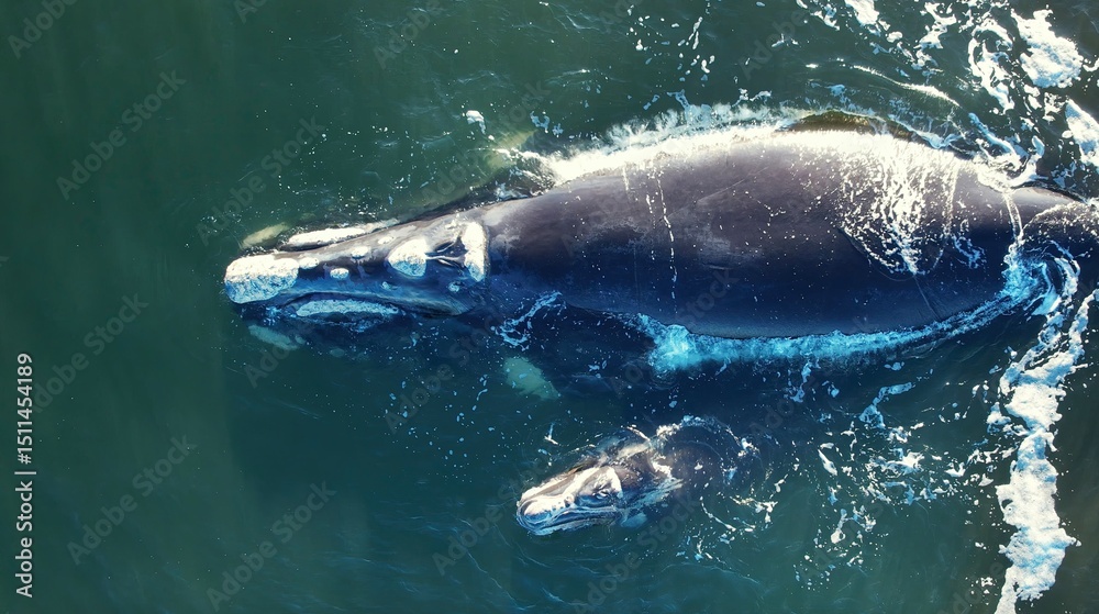 Fototapeta premium Bowhead whale family swimming together in calm blue ocean water, Mother cares calf. Aerial view pod of bowhead whale spouting hug play. Whale watching of migrate Baleen whales South Africa. Shark