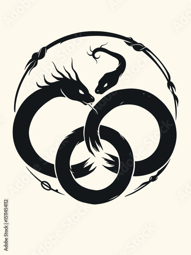 two black snakes eating their tails and knotted to fill a circular shape Ouroboros symbol silhouette 