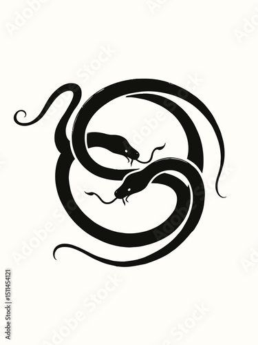 two black snakes eating their tails and knotted to fill a circular shape Ouroboros symbol silhouette 