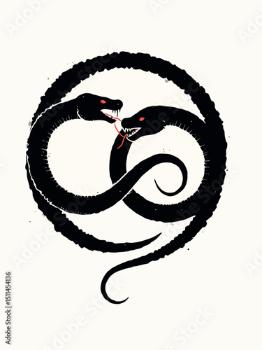 two black snakes eating their tails and knotted to fill a circular shape Ouroboros symbol silhouette 