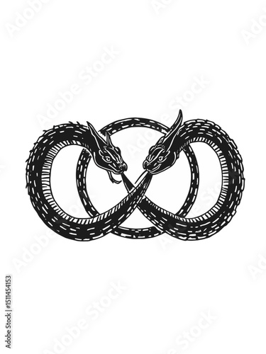 two black snakes eating their tails and knotted to fill a circular shape Ouroboros symbol silhouette 