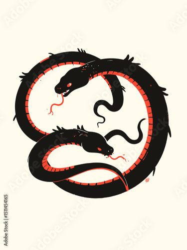 two black snakes eating their tails and knotted to fill a circular shape Ouroboros symbol silhouette 